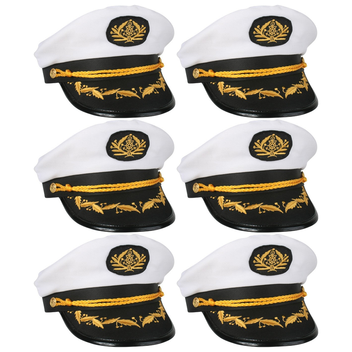 6x White/Black Captain/Skipper Sailor Hat Bulk Pack - Adult (Party Costume)