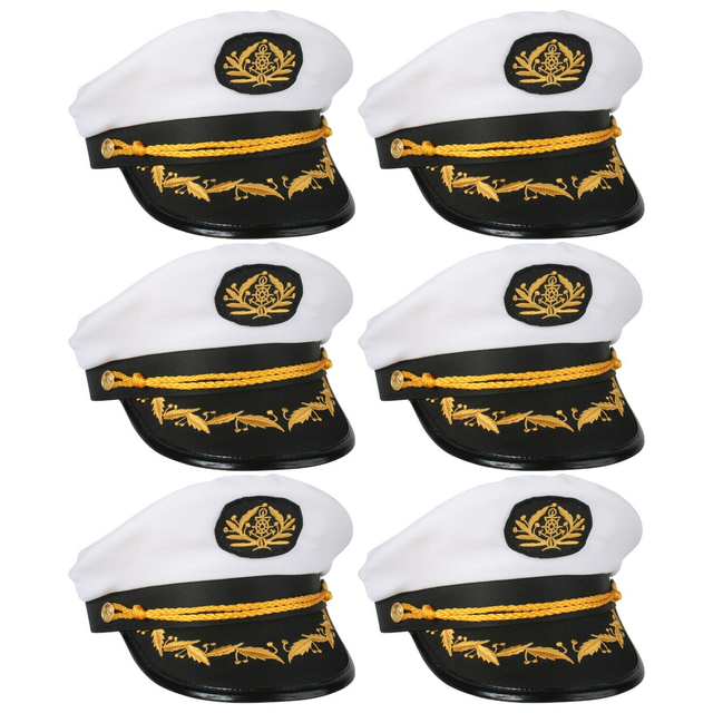 6x White/Black Captain/Skipper Sailor Hat Bulk Pack - Adult (Party Costume)