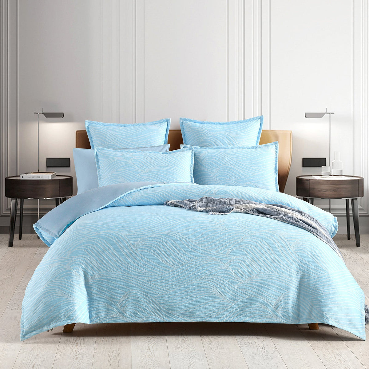 Renee Taylor Oscillate Wave Jacquard Quilt Cover Set - Sky (OEKO-TEX Certified)