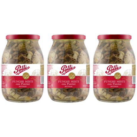 3x 950g Polli Funghi Misti con Porcini - Mushrooms Mix in Oil in Glass Jar (Bulk Pack) - Product of Italy