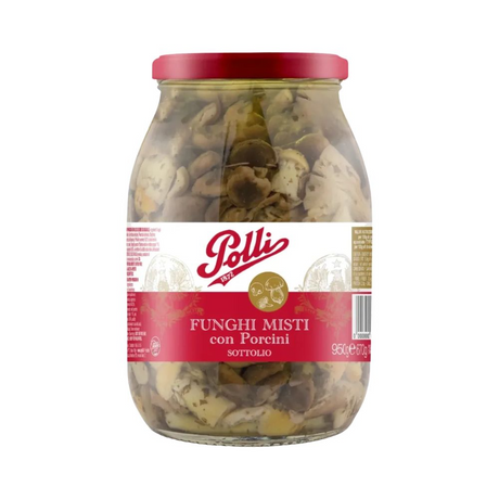 950g Polli Funghi Misti con Porcini Mushrooms Mix in Oil Glass Jar - Product of Italy