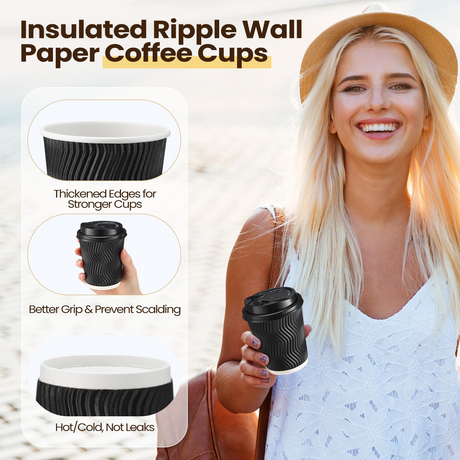 360x 8oz Triple Wall Paper Disposable Coffee Cups w/Lids for Takeaway (Bulk)