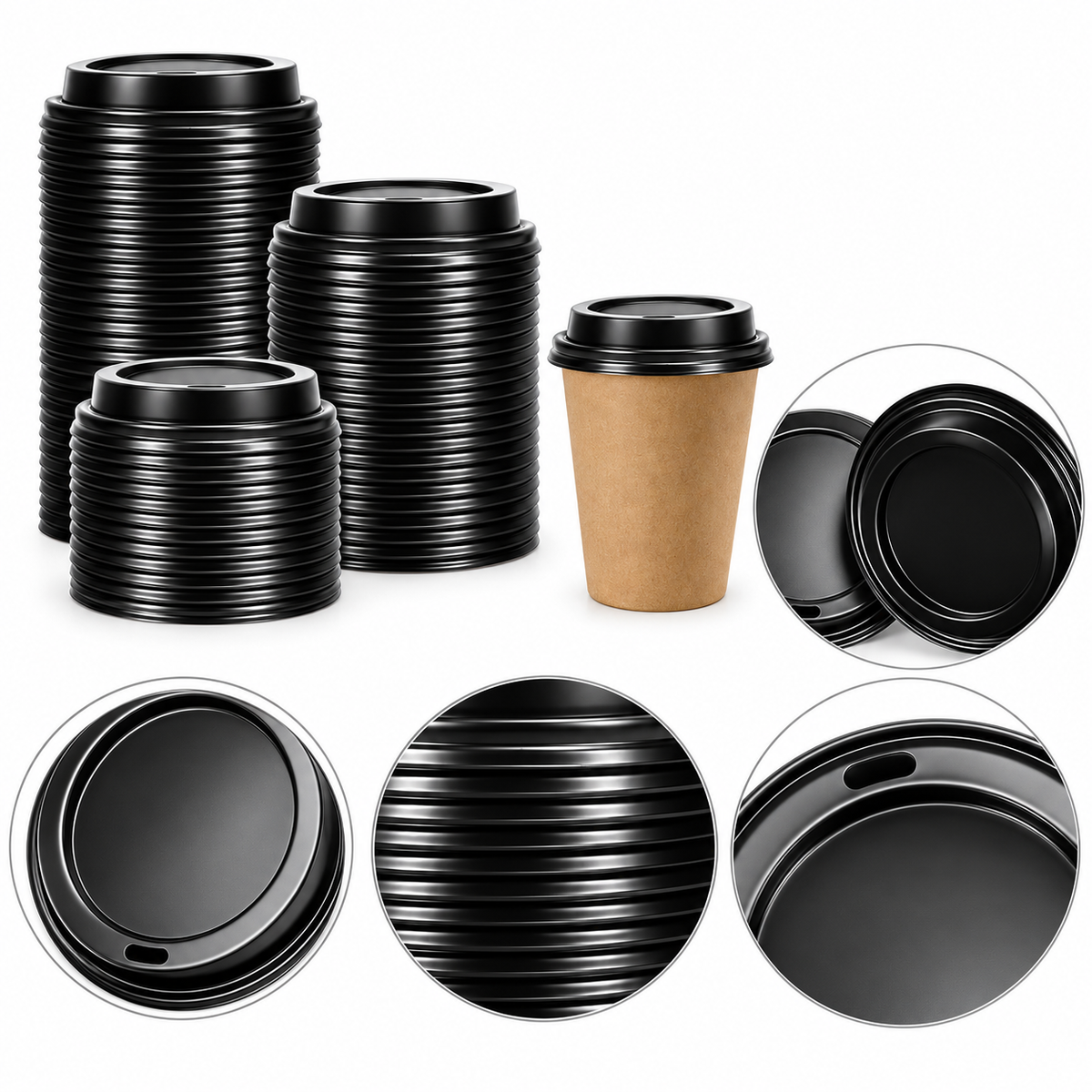 1000x 90mm Plastic Disposable 12oz/16oz Coffee Cup Lids - Black (Bulk Pack)