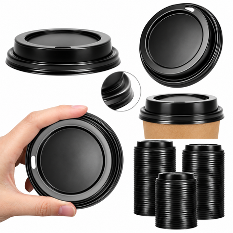 1000x 90mm Plastic Disposable 12oz/16oz Coffee Cup Lids - Black (Bulk Pack)