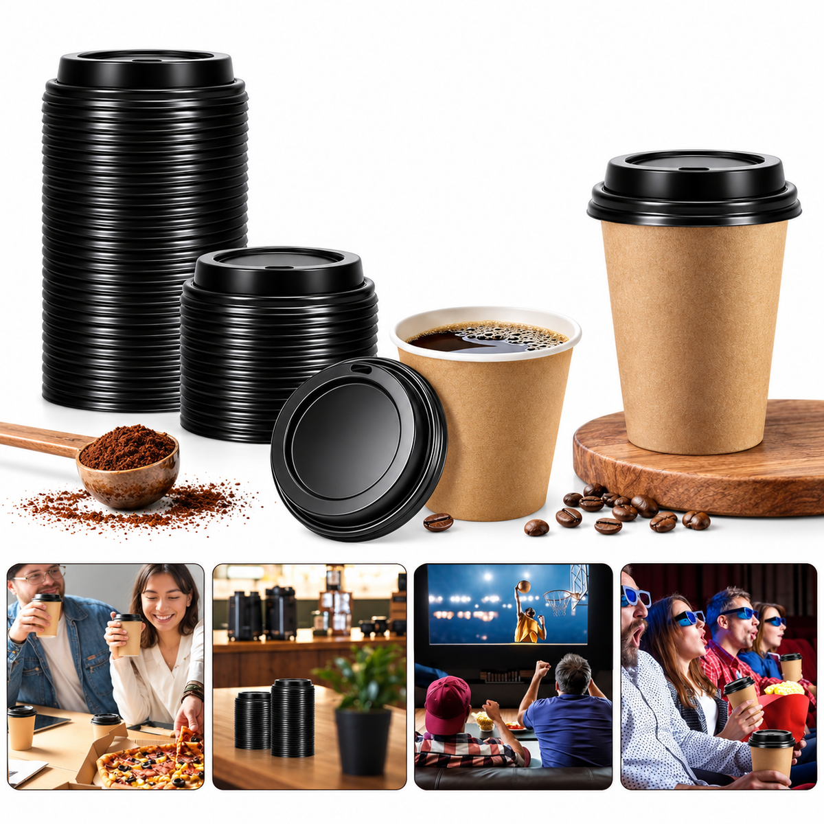 1000x 90mm Plastic Disposable 12oz/16oz Coffee Cup Lids - Black (Bulk Pack)