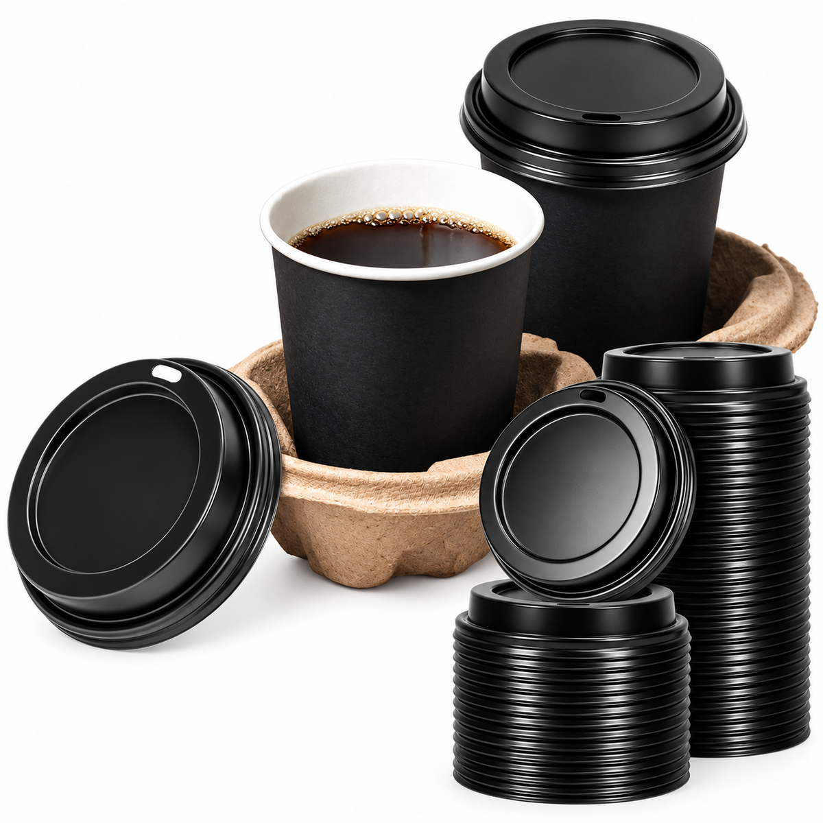 1000x 90mm Plastic Disposable 12oz/16oz Coffee Cup Lids - Black (Bulk Pack)