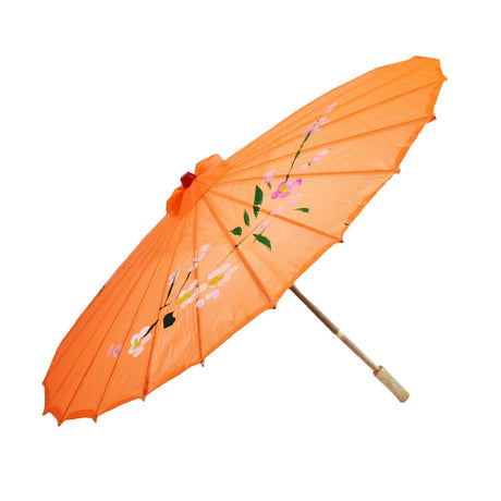 PARASOL UMBRELLA Chinese Japanese Bamboo Flower Pattern Fabric 80cm Diameter - Orange