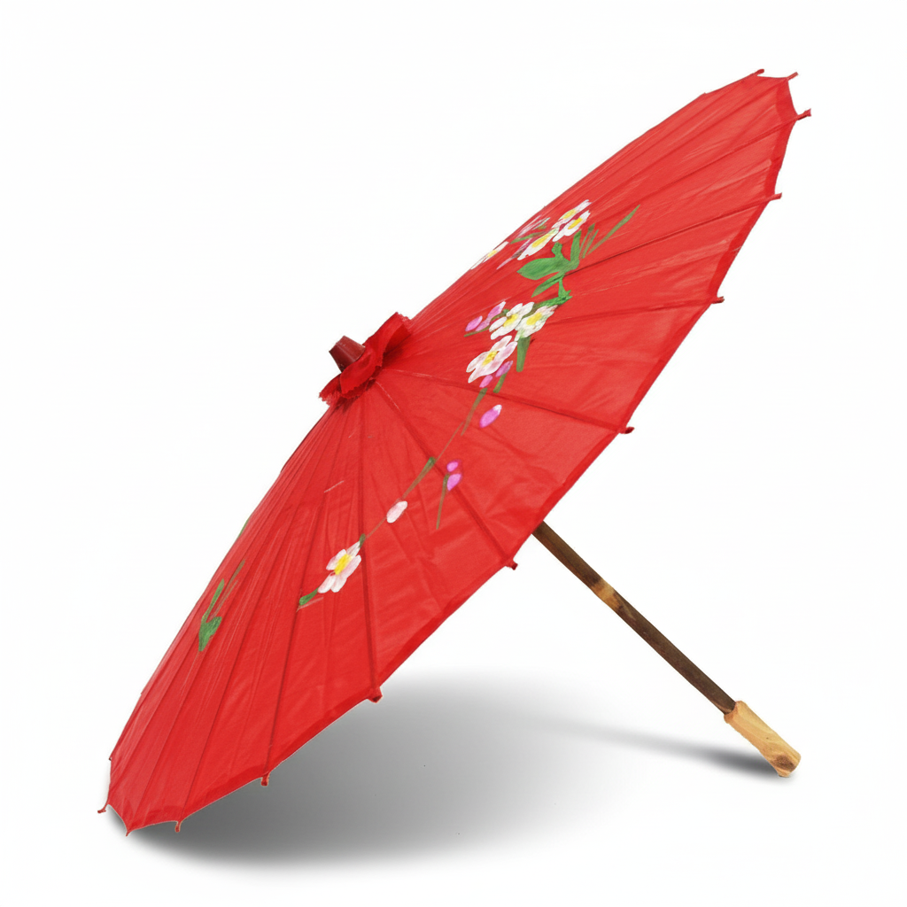 PARASOL UMBRELLA Chinese Japanese Bamboo Flower Pattern Fabric 80cm Diameter - Red