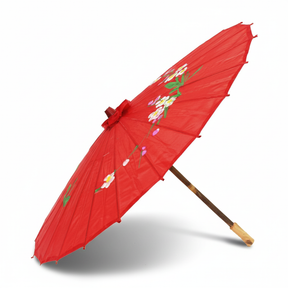PARASOL UMBRELLA Chinese Japanese Bamboo Flower Pattern Fabric 80cm Diameter - Red
