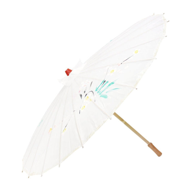 PARASOL UMBRELLA Chinese Japanese Bamboo Flower Pattern Fabric 80cm Diameter - White