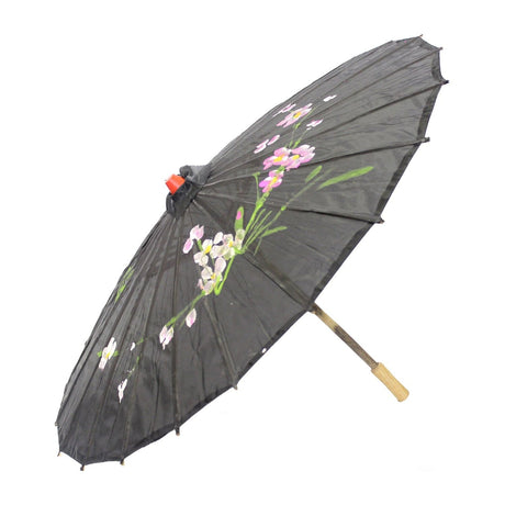 2pc Set Parasol Umbrella Black + White Chinese Japanese Bamboo Flower Pattern