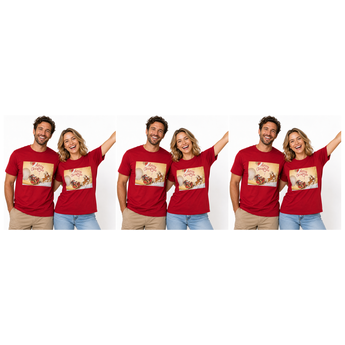 3x Adult Merry Christmas & Santa Reindeer T Shirt Pack - Red (100% Cotton Xmas Top)