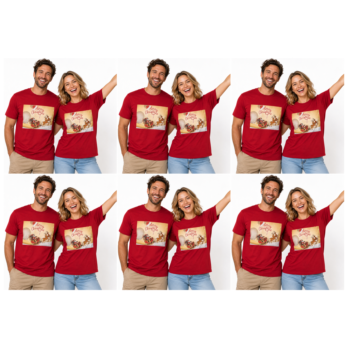 6x Adult Merry Christmas & Santa Reindeer T Shirt Bulk Pack - Red (100% Cotton Xmas Top)