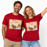100% Cotton Adult Merry Christmas Santa Reindeer T Shirt in Red