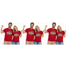 3x Adult Merry Christmas & Happy New Year Wreath T Shirt Pack - Red (100% Cotton Xmas Top)