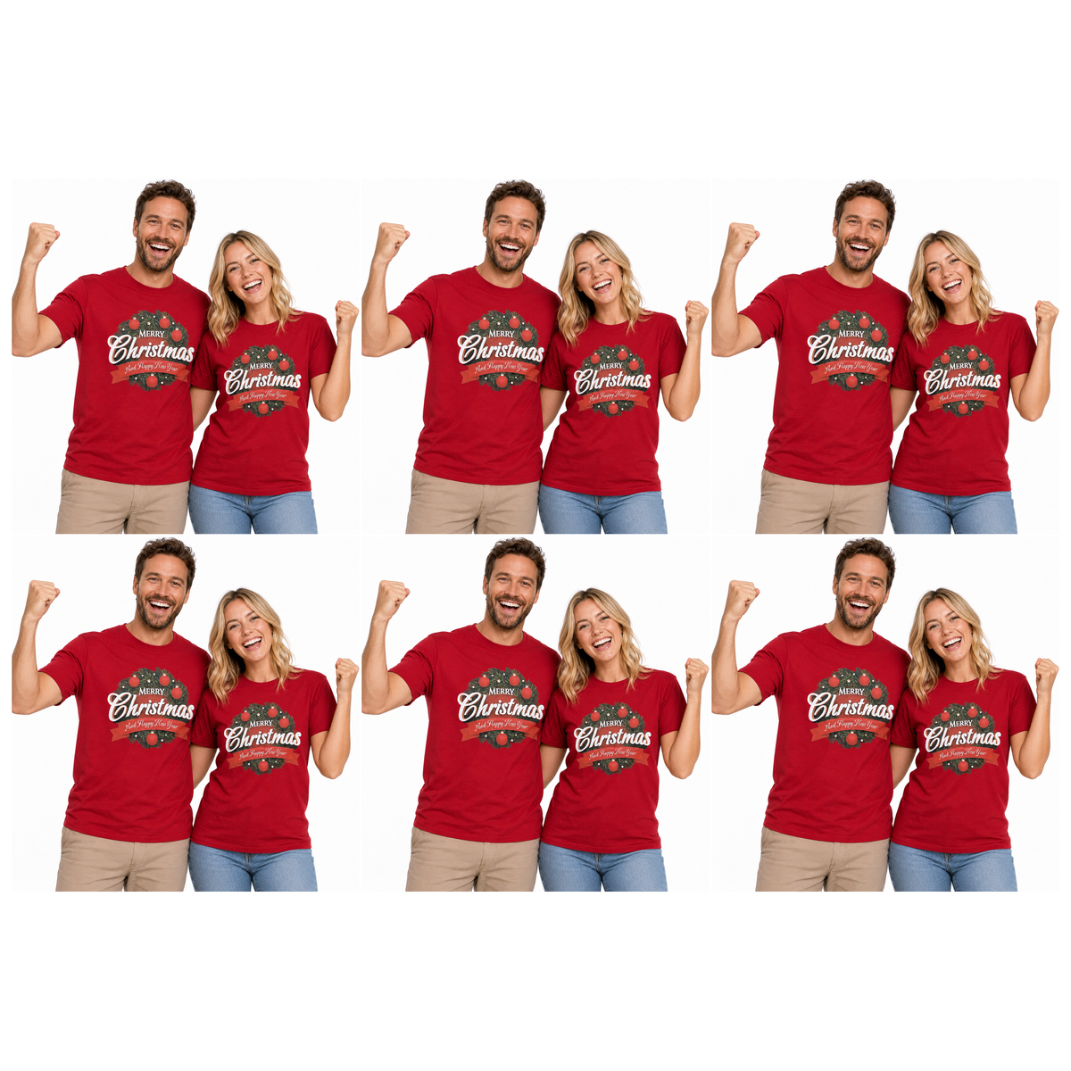 6x Adult Merry Christmas & Happy New Year Wreath T Shirt Bulk Pack - Red (100% Cotton Xmas Top)