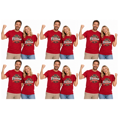 6x Adult Merry Christmas & Happy New Year Wreath T Shirt Bulk Pack - Red (100% Cotton Xmas Top)