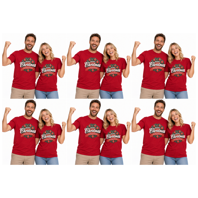 6x Adult Merry Christmas & Happy New Year Wreath T Shirt Bulk Pack - Red (100% Cotton Xmas Top)