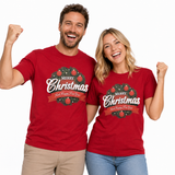 100% Cotton Adult Merry Christmas & Happy New Year Wreath T Shirt in Red