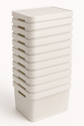 12x 17L Premium Plastic Stackable Storage Box Containers w/ Lid Dot Pattern in White