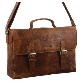Pierre Cardin Mens Rustic Leather Flap Over 15" Laptop Bag - Cognac