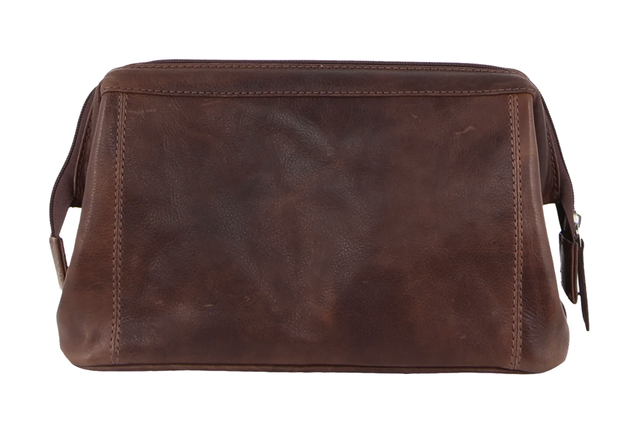 Pierre Cardin Mens Rustic Leather Toiletry Case Bag Travel - Chocolate
