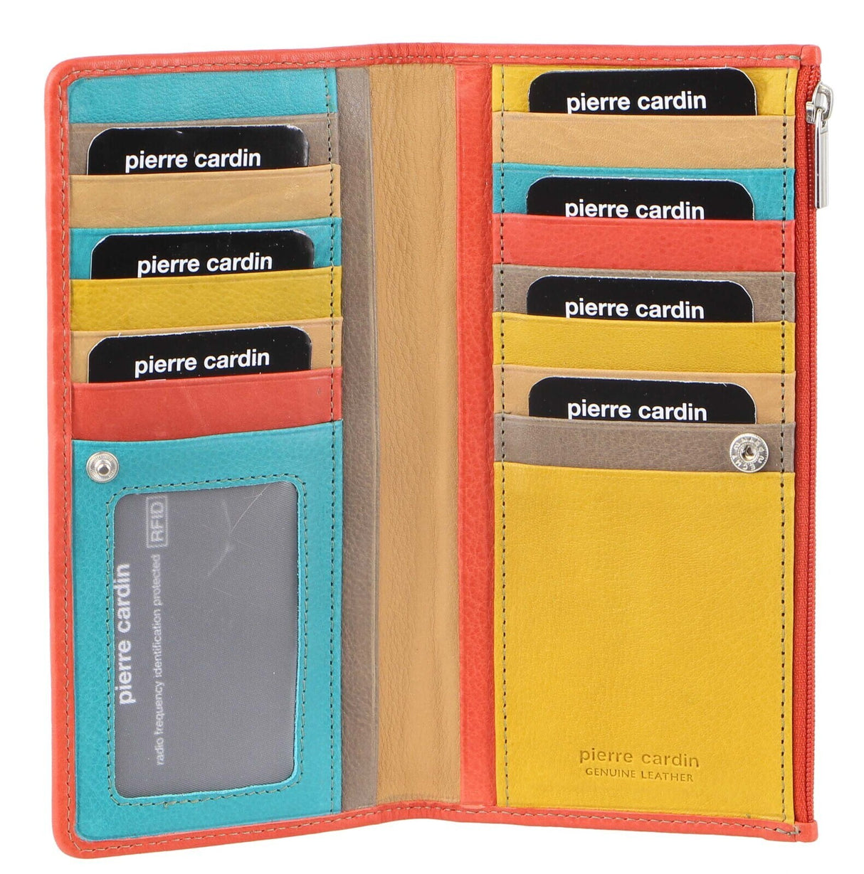 Pierre Cardin Italian Genuine Leather Ladies Bi-Fold Wallet - Turquoise/Orange