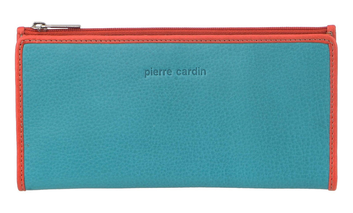 Pierre Cardin Italian Genuine Leather Ladies Bi-Fold Wallet - Turquoise/Orange