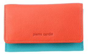 Pierre Cardin Italian Genuine Leather Ladies Trifold Wallet- Orange/Turquoise