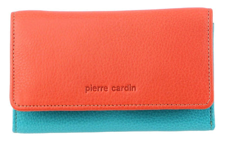 Pierre Cardin Italian Genuine Leather Ladies Trifold Wallet- Orange/Turquoise
