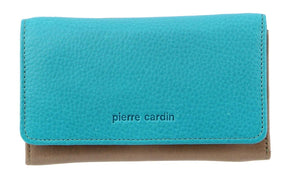 Pierre Cardin Italian Genuine Leather Ladies Summer Trifold Wallet- Turquoise/Taupe