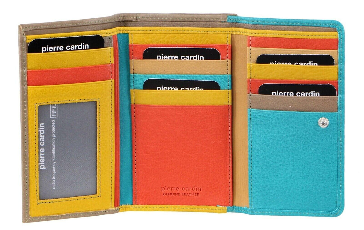 Pierre Cardin Italian Genuine Leather Ladies Summer Trifold Wallet- Turquoise/Taupe