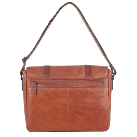 Pierre Cardin Mens Crumple Leather Flap Over 13" Laptop Computer Bag - Cognac