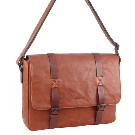 Pierre Cardin Mens Crumple Leather Flap Over 13" Laptop Computer Bag - Cognac