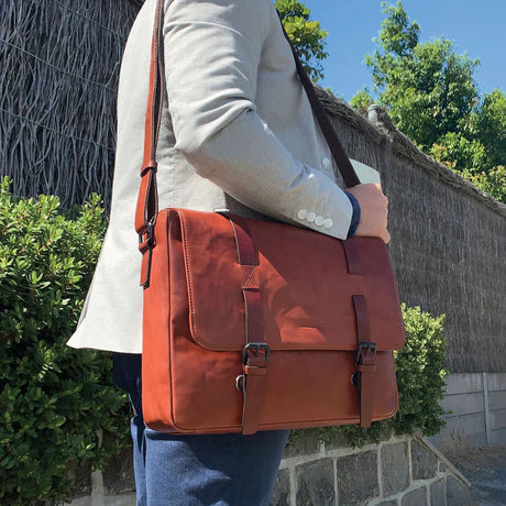 Pierre Cardin Mens Crumple Leather Flap Over 13" Laptop Computer Bag - Cognac
