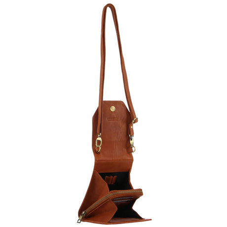 Pierre Cardin Ladies Leather Cross Body Bag/Wallet Bag/Clutch Wallet Large Flap - Cognac