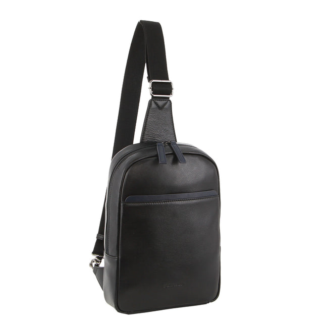 Pierre Cardin Mens Leather Crossbody Bag - Black/Navy (w/ Shoulder Strap)