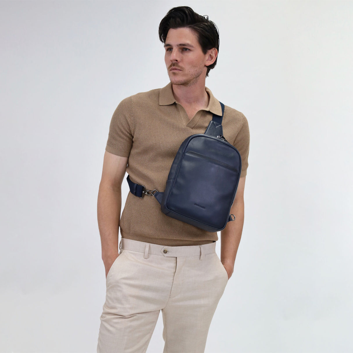 Pierre Cardin Mens Leather Crossbody Bag - Navy/Black (w/ Shoulder Strap)