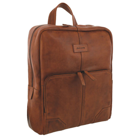 Pierre Cardin Mens Leather Sleek Backpack Bag - Cognac (w/ Laptop Compartment)