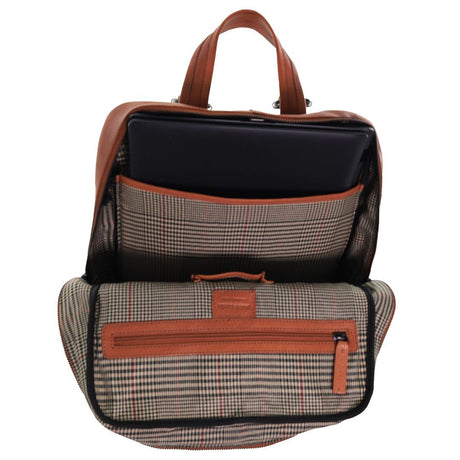 Pierre Cardin Mens Leather Sleek Backpack Bag - Cognac (w/ Laptop Compartment)