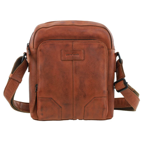 Pierre Cardin Mens Large Leather Crossbody Bag - Cognac (Front & Back Zipped Pocket)