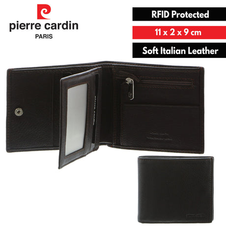 Pierre Cardin Mens Tri Fold Leather Wallet - Brown (RFID Protection)