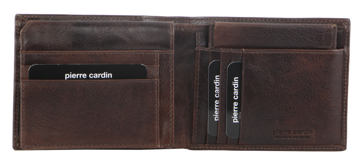 Pierre Cardin Mens Genuine Italian Leather Wallet Removable Coin Purse - Chocolate