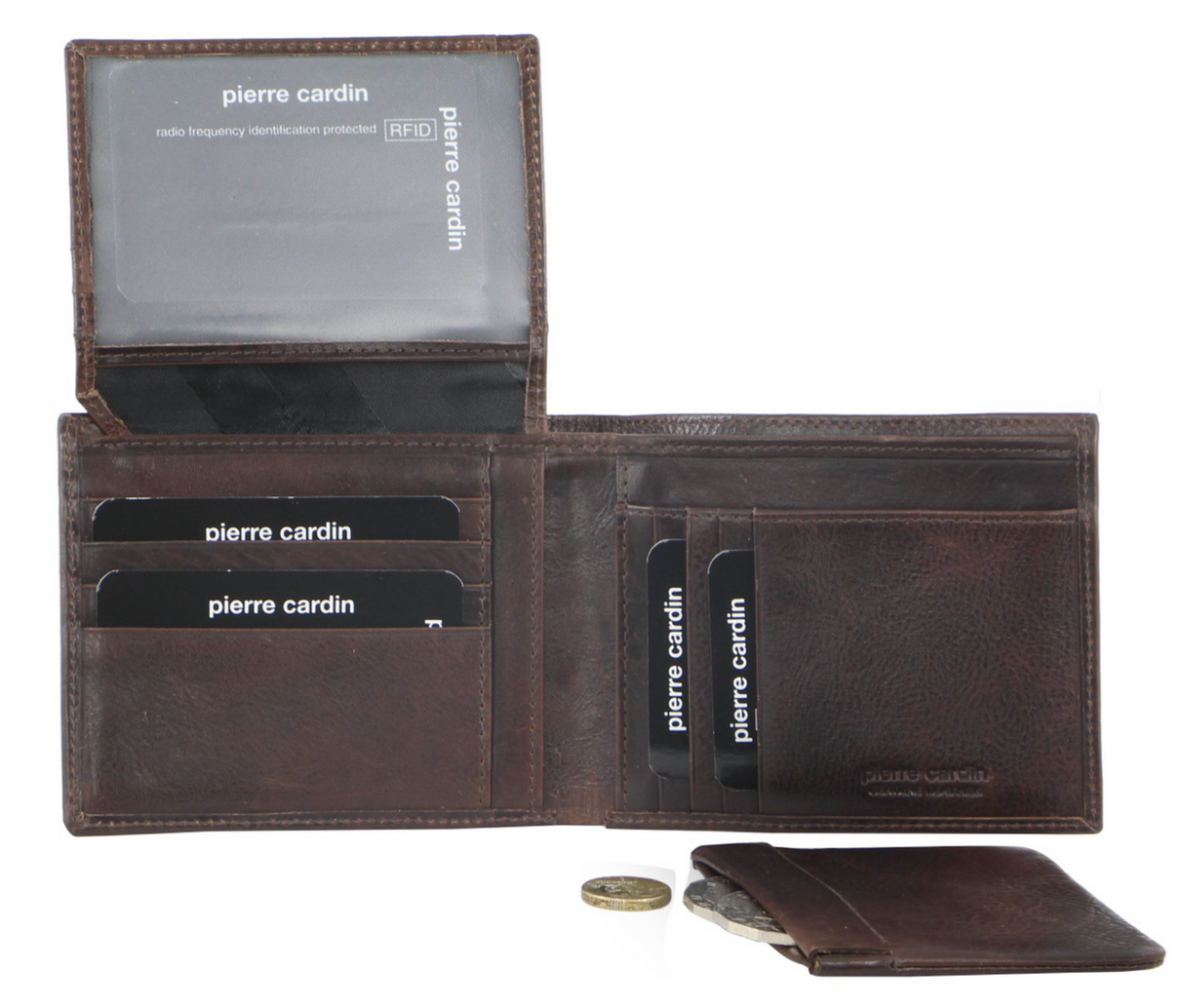 Pierre Cardin Mens Genuine Italian Leather Wallet Removable Coin Purse - Chocolate
