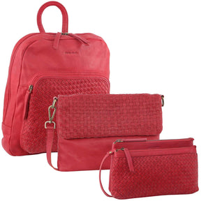 3pc Pierre Cardin Woven Leather Crossbody Bag & Backpack Set - Red