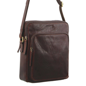 Pierre Cardin Italian Leather Tablet Messenger Crossbody Bag - Chestnut