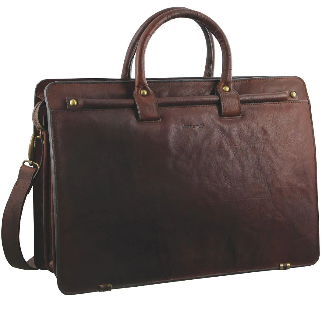 Pierre Cardin Mens Rustic Leather 15" Laptop Computer Shoulder Bag Handbag Briefcase - Chestnut