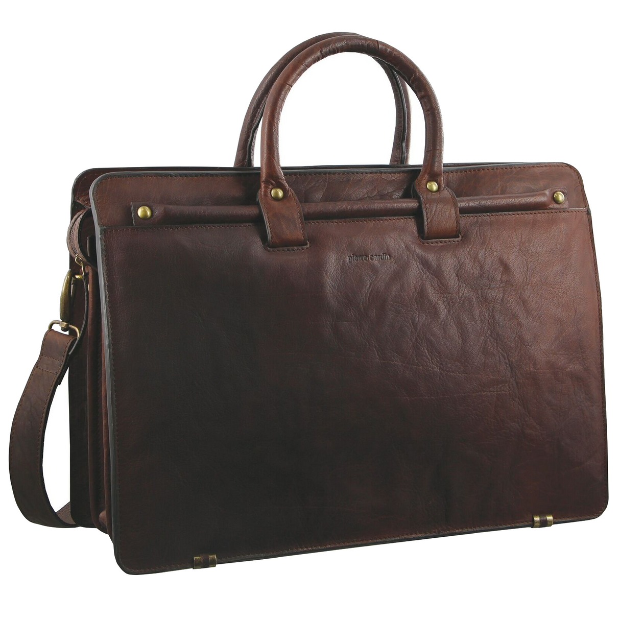 Pierre Cardin Mens Rustic Leather 15" Laptop Computer Shoulder Bag Handbag Briefcase - Chestnut