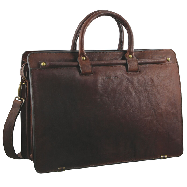 Pierre Cardin Mens Rustic Leather 15" Laptop Computer Shoulder Bag Handbag Briefcase - Chestnut