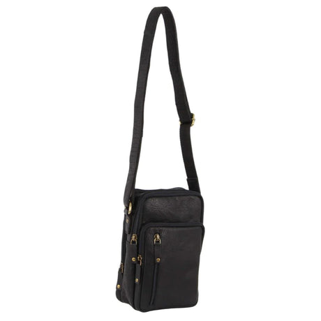 Pierre Cardin Rustic Leather Cross Body Bag Messenger Mens Satchel Day Pack - Black